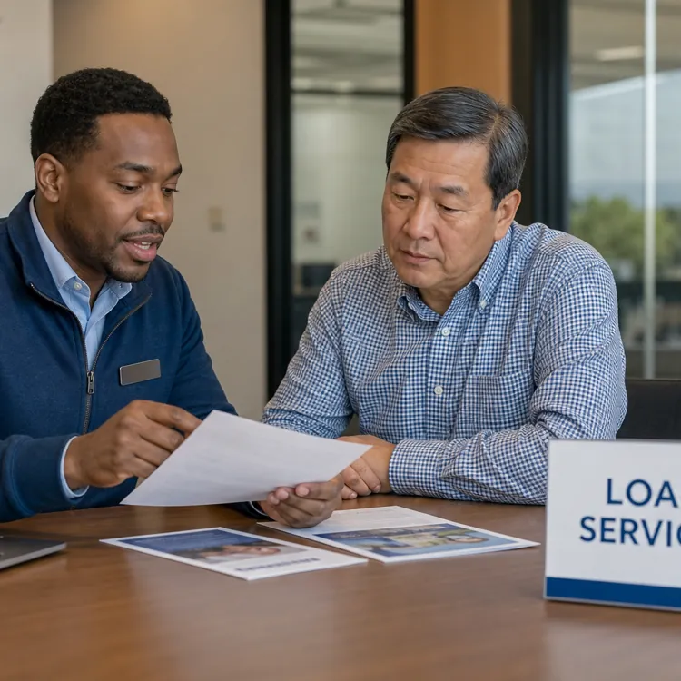 Two men reviewing loan documents at a credit union office table