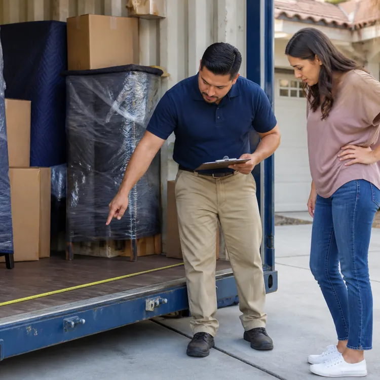 Man showing woman items packed in a moving container on a driveway