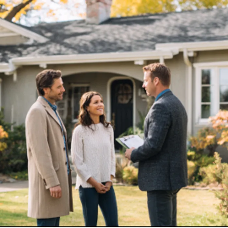 couple talking with an agent in the front yard of a house