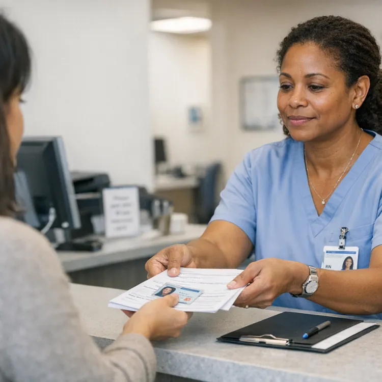 Nurse in blue scrubs handing documents to a patient at a hospital reception desk.