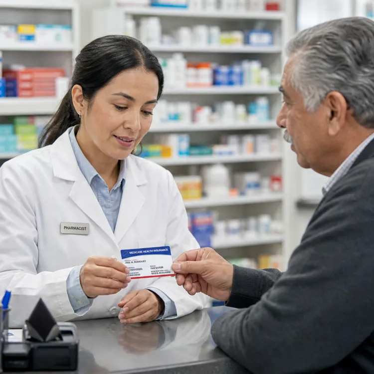 Pharmacist assisting an older man with a health insurance card at a pharmacy counter