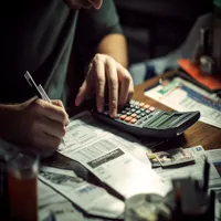 a man using a calculator and writing on paperwork