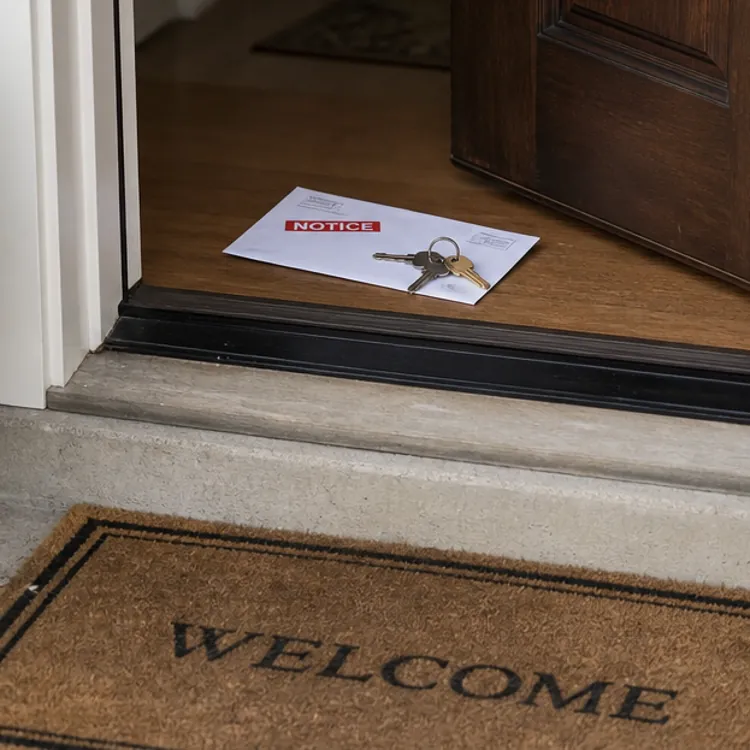 Open front door with welcome mat and a notice letter on the floor inside
