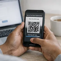 Person holding a smartphone displaying a QR code for two-factor authentication, with a laptop in the background.