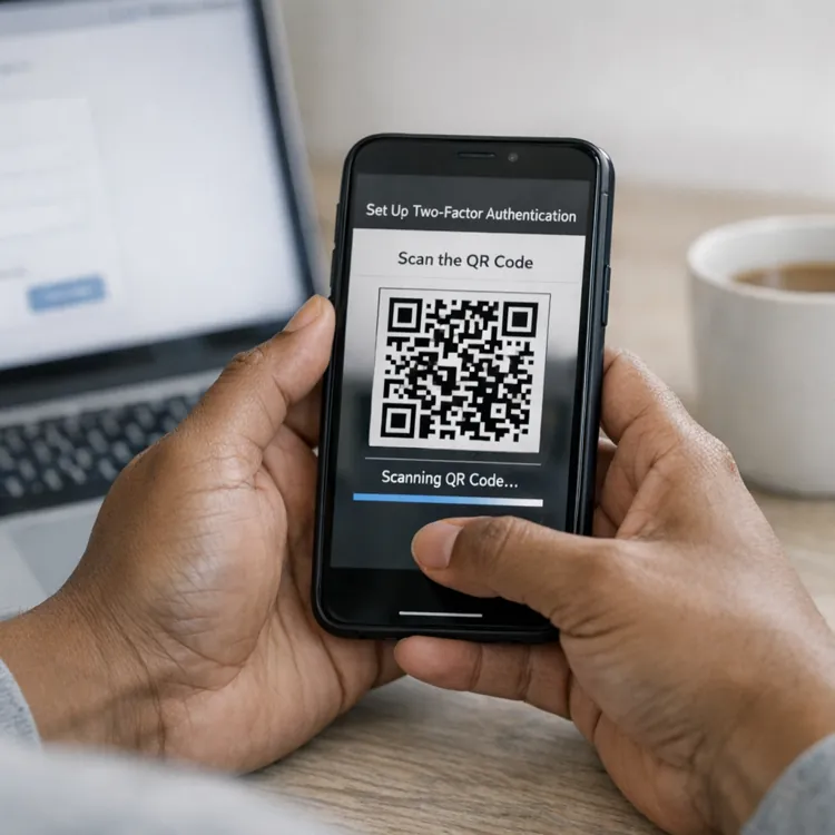 Person holding a smartphone displaying a QR code for two-factor authentication, with a laptop in the background.
