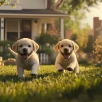 two puppies running in the yard