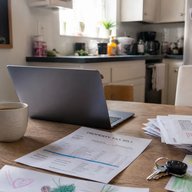 Laptop, coffee mug, property tax bill, and envelopes on a kitchen table in a home setting