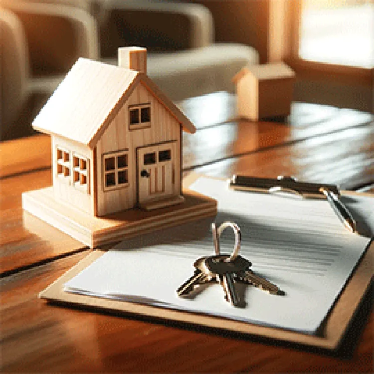 miniature wooden house on table along with documents and keys