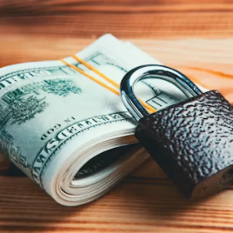 Stack of hundred dollar bills secured with a padlock on a wooden table