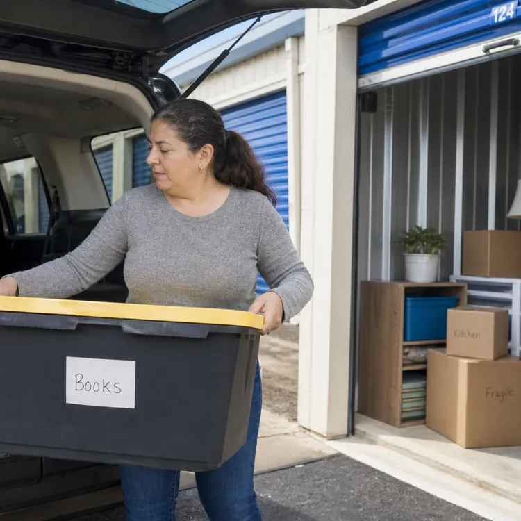 Woman carrying a labeled storage bin from a car to a storage unit with boxes inside