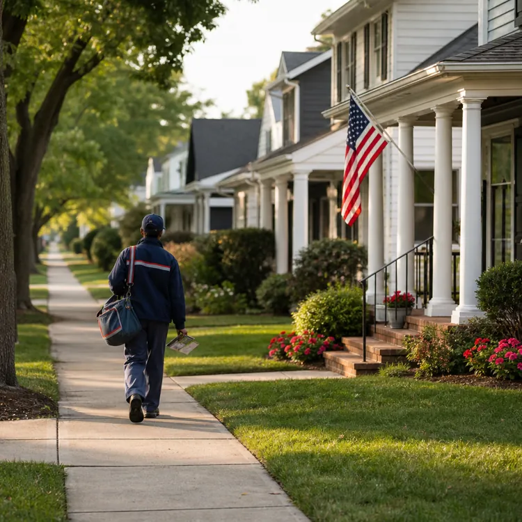 Mail carrier walking on a tree-lined sidewalk past houses with gardens and an American flag