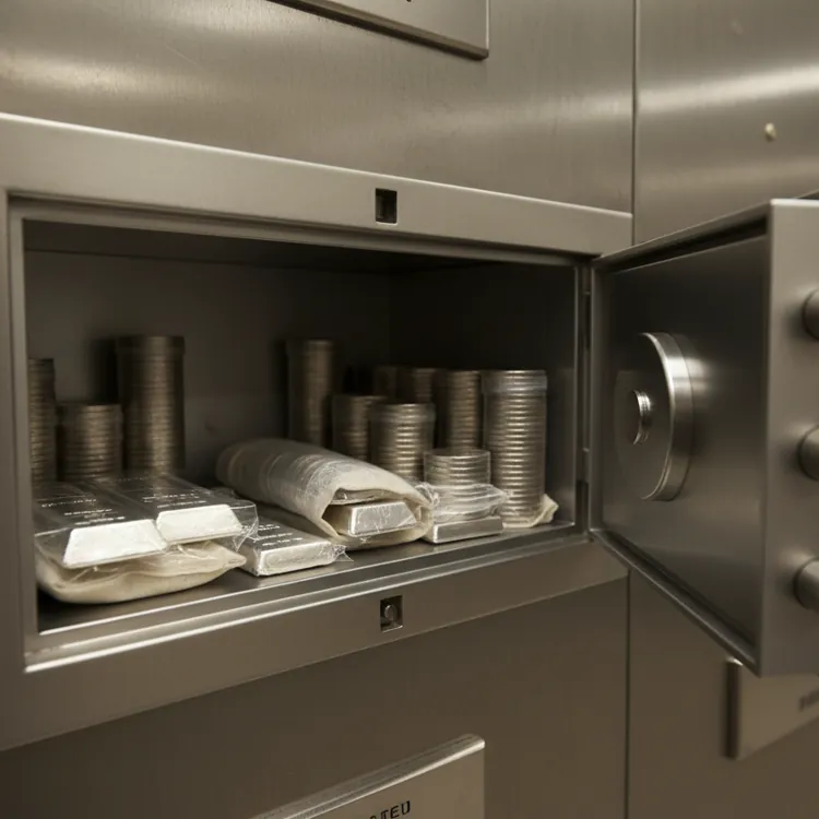 Open safe deposit box with silver bars and coin stacks inside