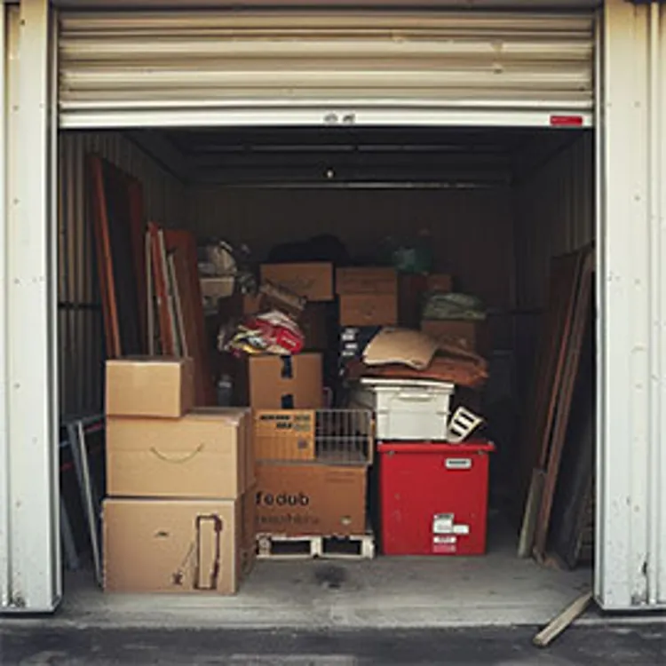 open storage unit full of various household items inside