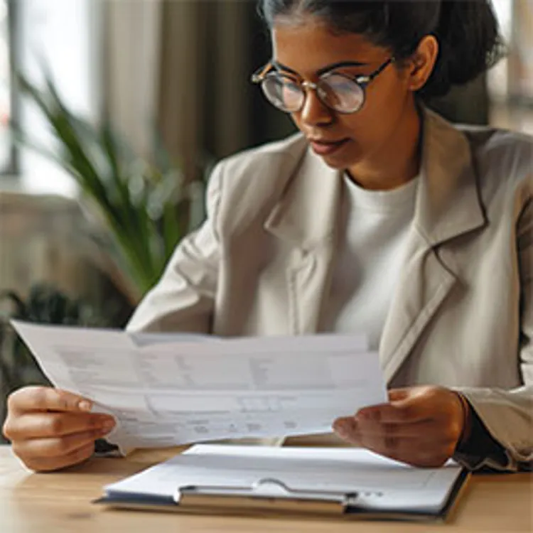 woman sitting and looking at document