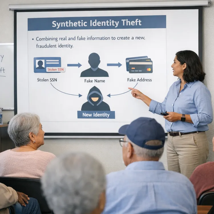 Instructor giving a presentation on synthetic identity theft to a group of seniors, with a diagram explaining the process.