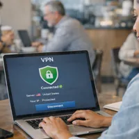 Woman using a laptop with a VPN connection in a cafe setting, focusing on privacy and security.