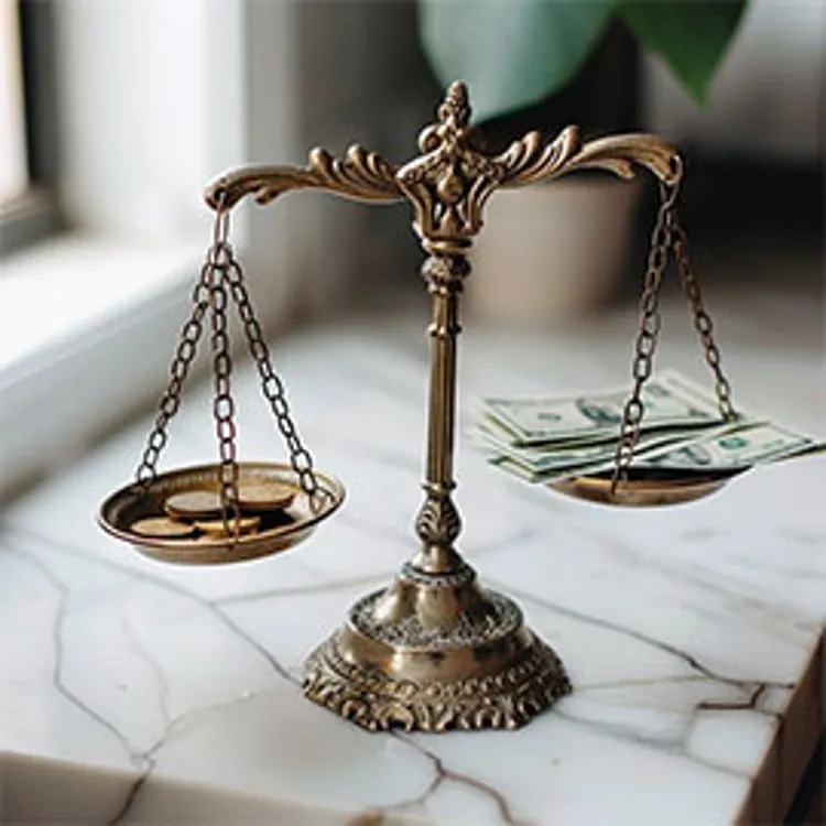 balanced scale with coins on one side and paper money on the other side