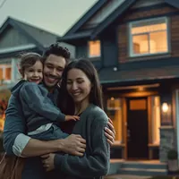 a happy family in front of a house