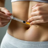 a woman giving herself an injection in the abdomen
