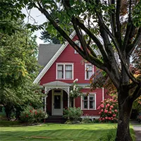 image of a red A-framed house with tree on lawn