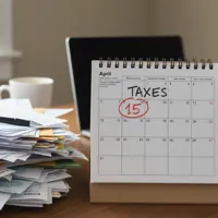 A desk with a stack of paperwork, a pen, and a calendar showing April 15 circled for taxes.