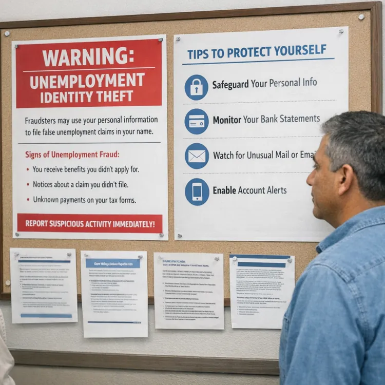 Two people reading a warning about unemployment identity theft on a bulletin board in an unemployment office.