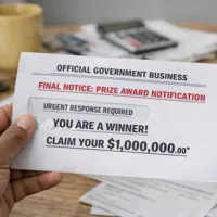 Hand holding an envelope labeled as a prize award notification claiming the recipient is a winner of one million dollars.