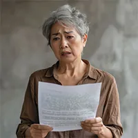 bewildered old woman looking at paperwork