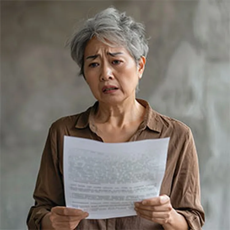 bewildered old woman looking at paperwork