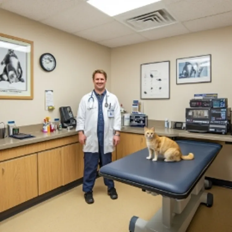 a vet in an examination room with a cat on the table