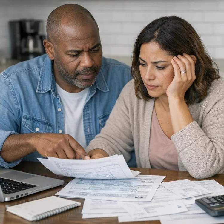 A couple sitting at a table reviewing financial documents with a laptop and calculator nearby.