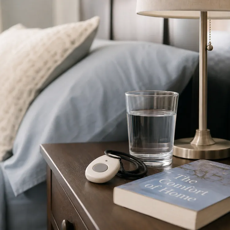 A nightstand with a medical alert device, a glass of water, a book, and a lamp beside a made bed.