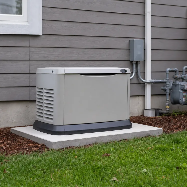 Standby generator installed on a concrete pad next to a house exterior wall and utility meter