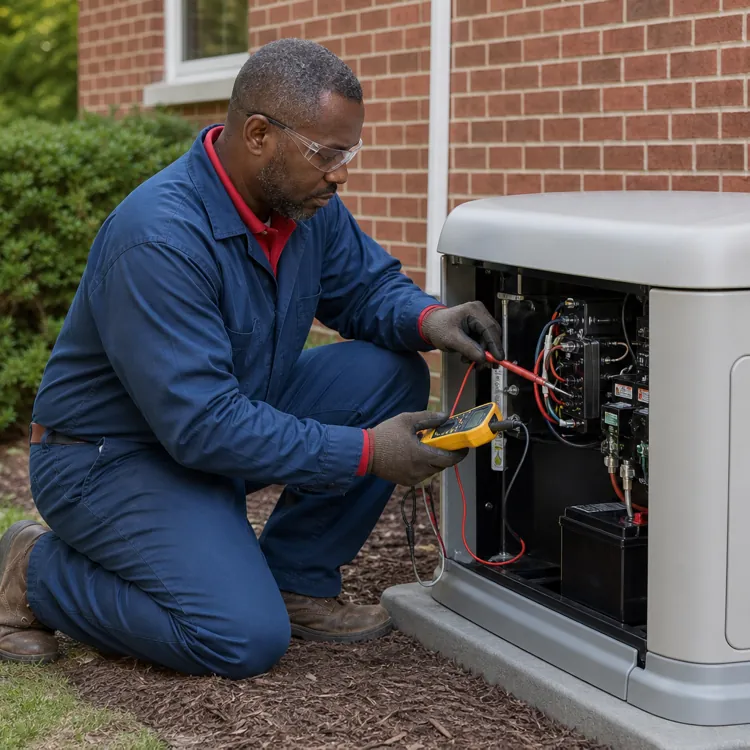 Technician testing an outdoor generator with a meter next to a brick house