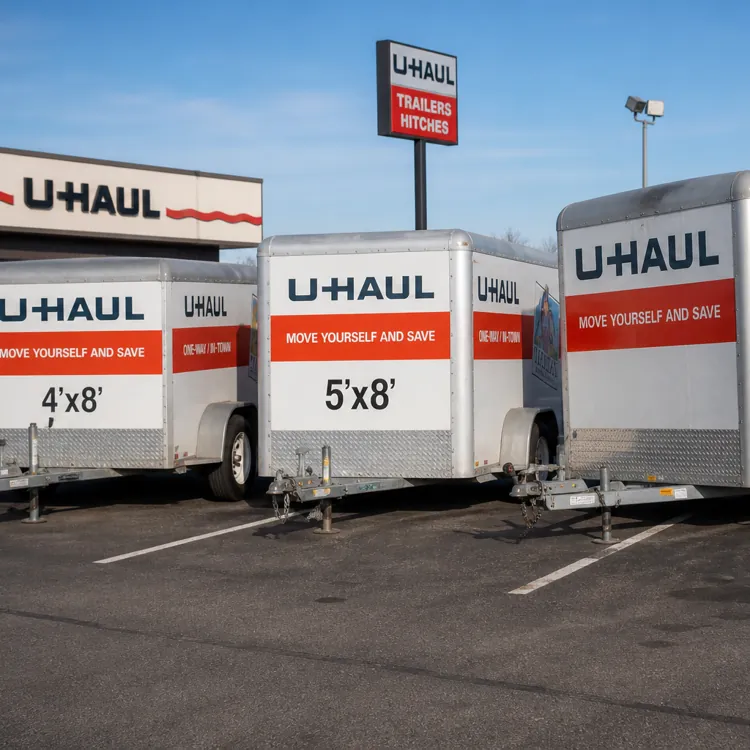 Three U-Haul enclosed trailers of different sizes parked in a lot outside a U-Haul store