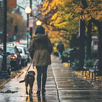 woman walking her dog on sidewalk