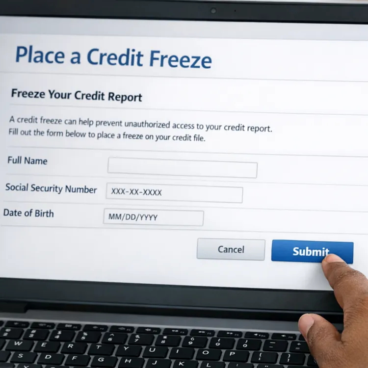 Laptop screen displaying a credit freeze form with fields for full name, social security number, and date of birth. A finger is about to press the submit button.