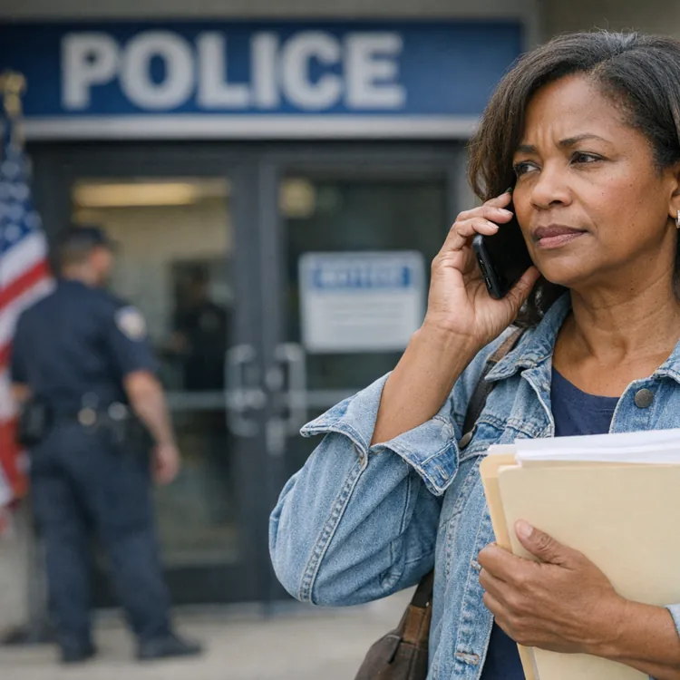 Woman in a denim jacket holding folders and talking on a phone outside a police station.