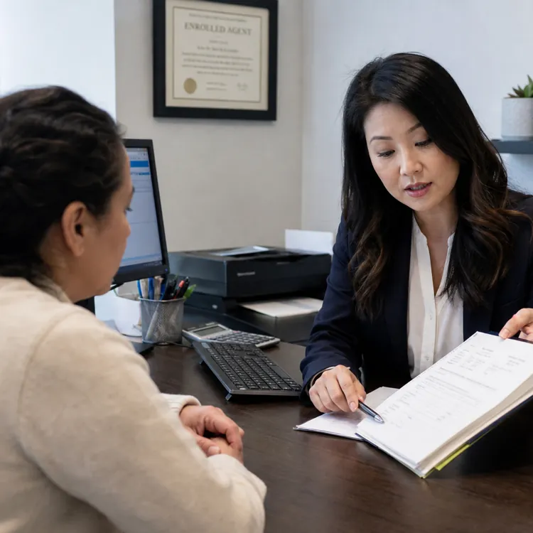 Professional woman showing documents to client at a desk in a modern office