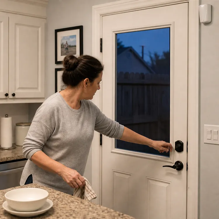 Woman locking a back door in a kitchen at dusk