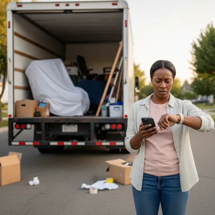 Woman standing on a suburban street checking her watch while holding a phone, with a moving truck and scattered boxes behind her.