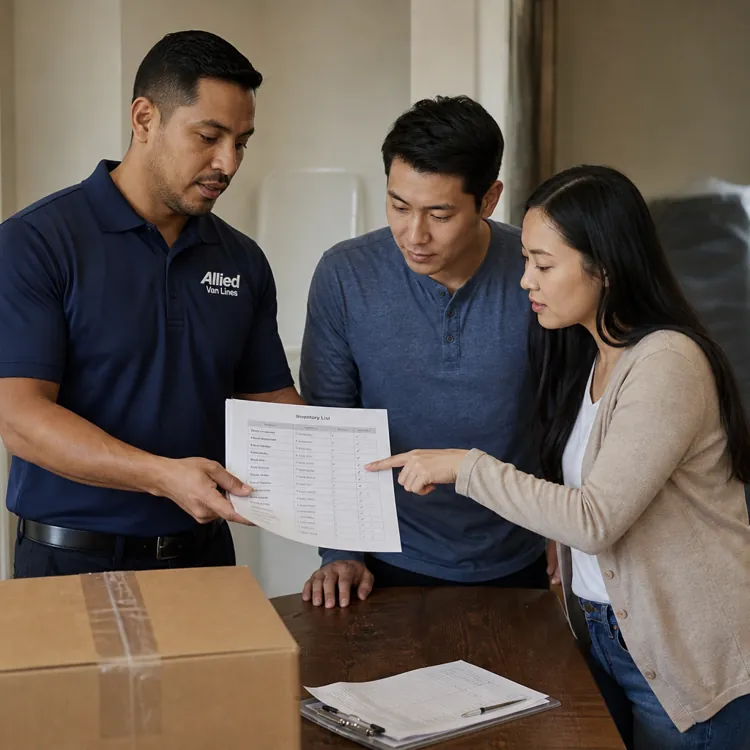 Mover showing an inventory list to a couple standing by a taped cardboard box in a living room