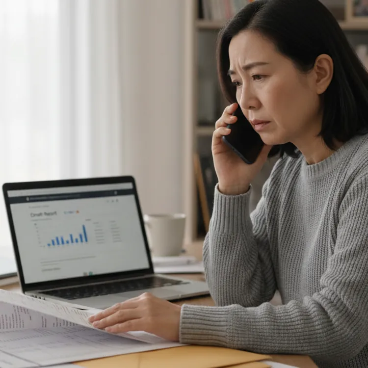 Woman in a gray sweater talking on the phone while looking at documents at a desk with a laptop displaying charts.