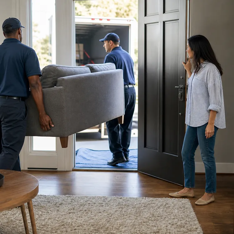 Two movers carrying a gray sofa into a home as a woman stands by the open door