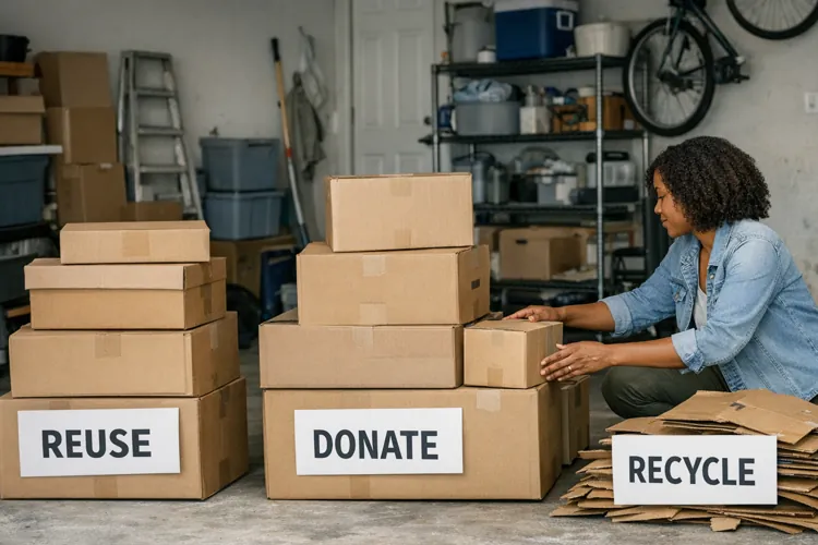 Person organizing cardboard boxes labeled reuse, donate, and recycle in a garage setting.