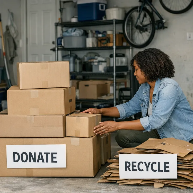Person organizing cardboard boxes labeled reuse, donate, and recycle in a garage setting.