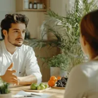 a woman speaking to a male nutritionist