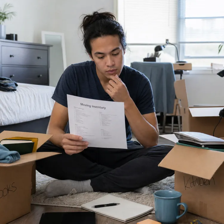 Person sitting on floor surrounded by moving boxes, reading a moving inventory list