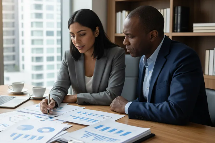 Two professionals reviewing charts and graphs in a modern office with a city view.
