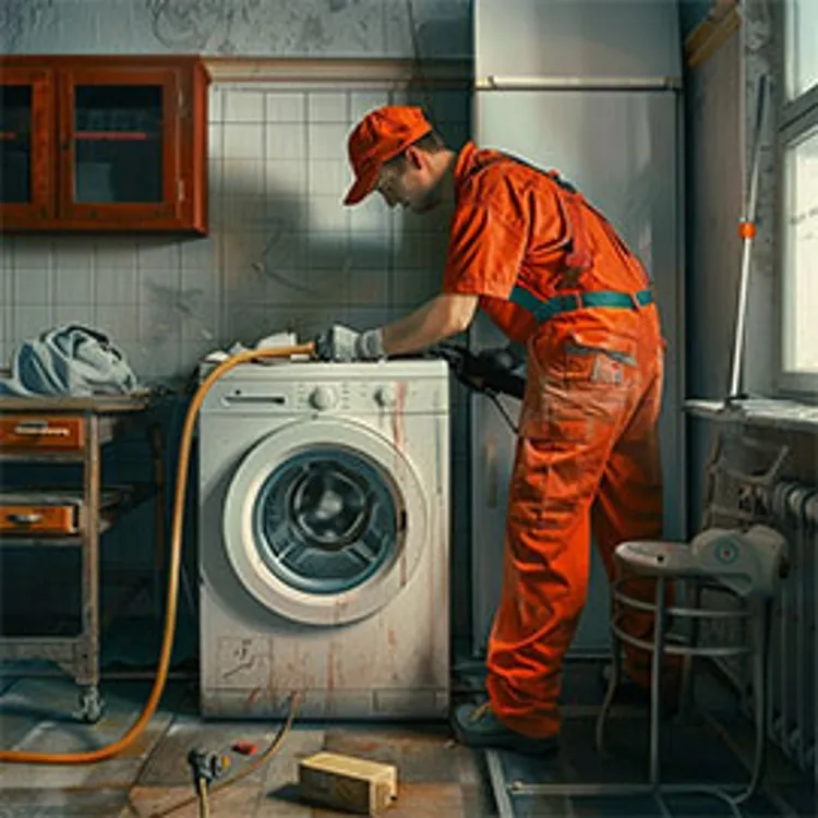 technician in red overalls working on a washing machine in a home